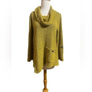 Ali Miles Green Yellow Cowl Neck Asymmetrical Sweater